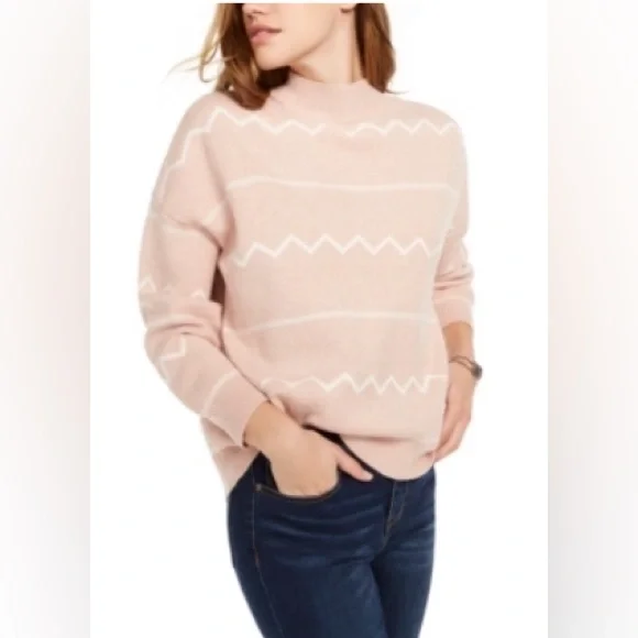 Lost Wander Size XS/S Pink & White Printed Mock Neck Pullover Sweater Su… - Picture 3 of 11